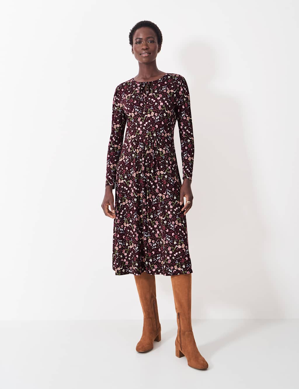 Jersey Floral Tie Neck Midi Tea Dress