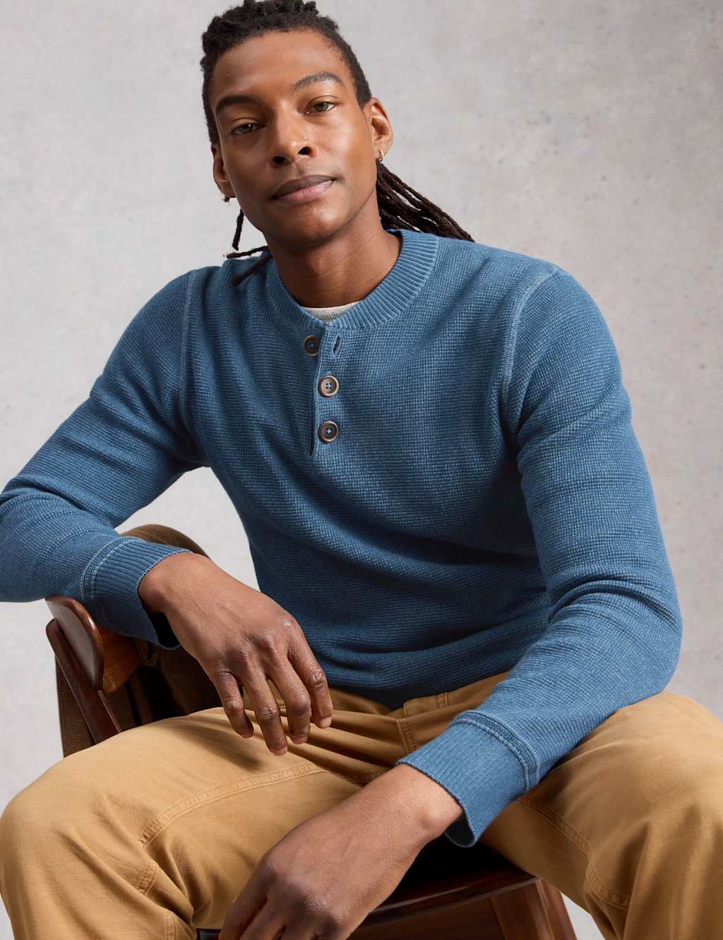 White Stuff Men's Pure Cotton Waffle Henley Jumper - XL - Blue - Available at M&S