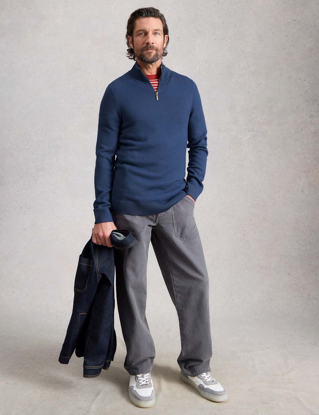 White Stuff Men's Pure Merino Wool Polo Neck Half Zip Jumper - L - Blue - Available at M&S