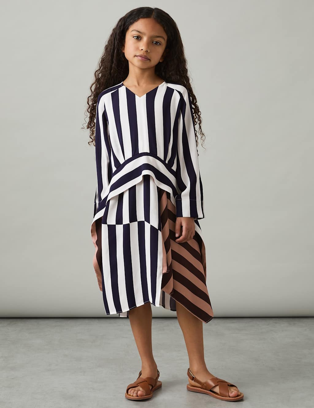 Striped V-Neck Frill Midi Dress (4-14 Yrs)