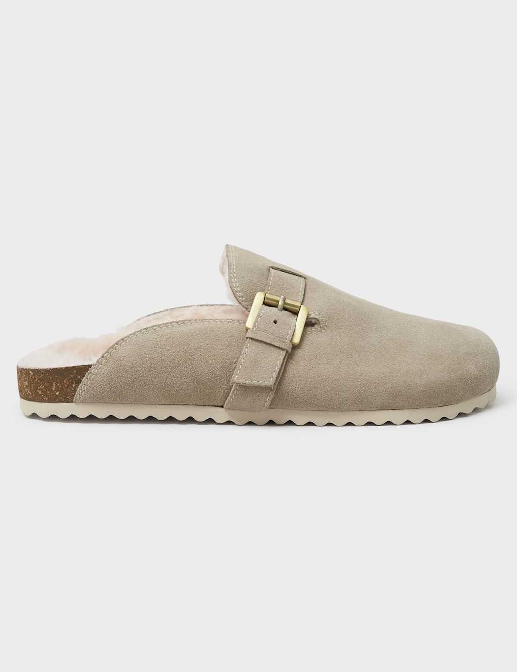 Crew Clothing Suede Faux Fur Lined Buckle Mule Slippers Taupe