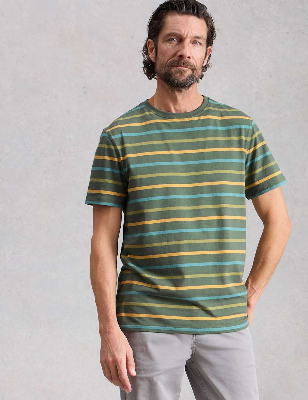 White Stuff Men's Pure Cotton Striped Crew Neck T-Shirt - XL - Green Mix - Available at M&S