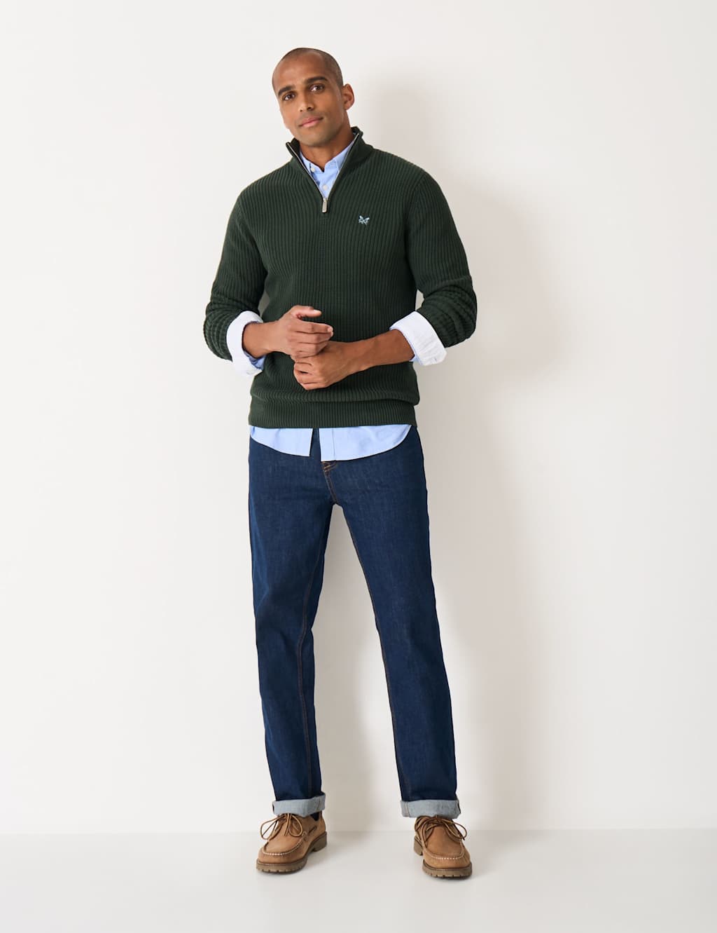 Crew Clothing Men's Pure Cotton Ribbed Half Zip Jumper - L - Dark Green - Available at M&S