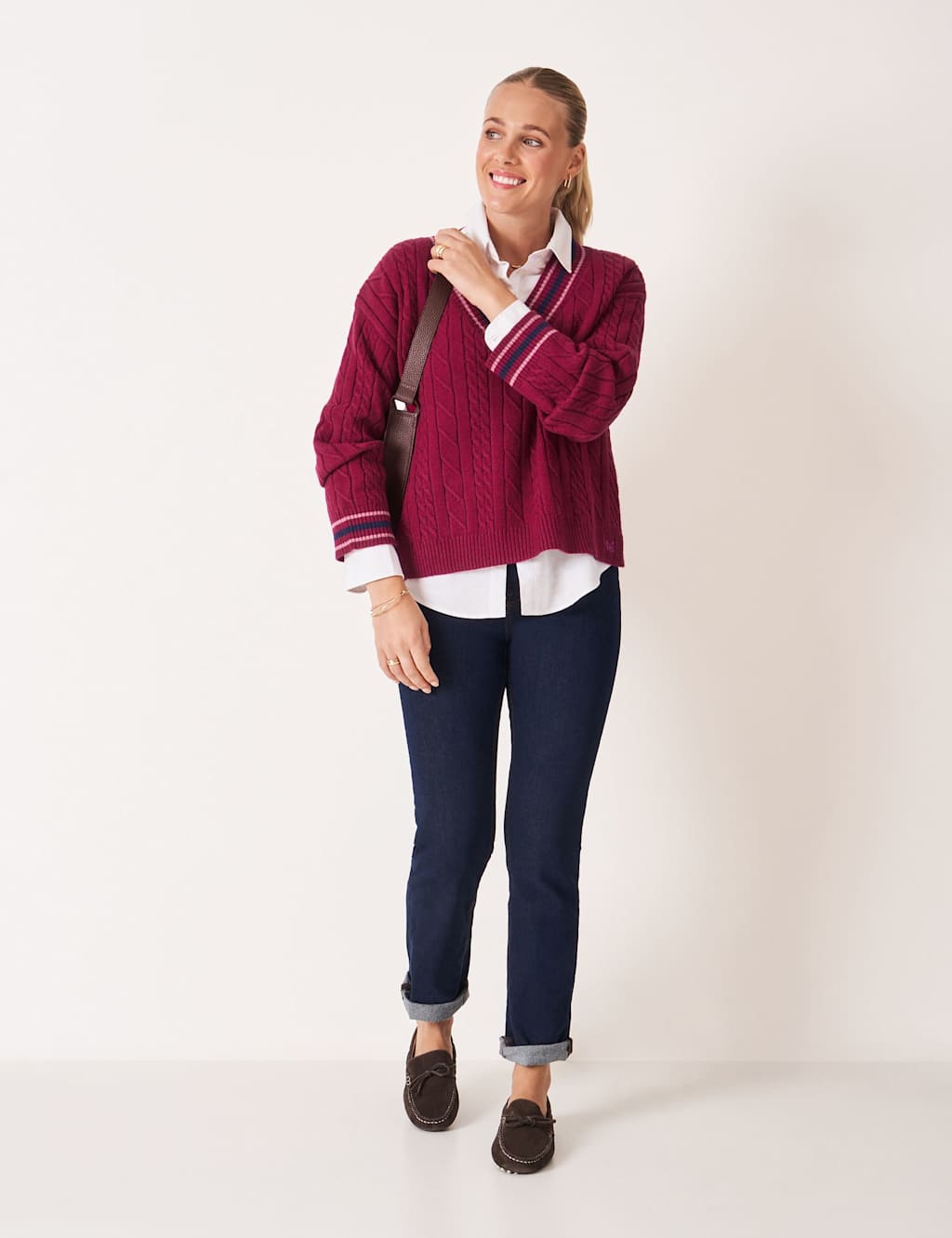 Crew Clothing Cable Knit Striped V-Neck Jumper Medium Red