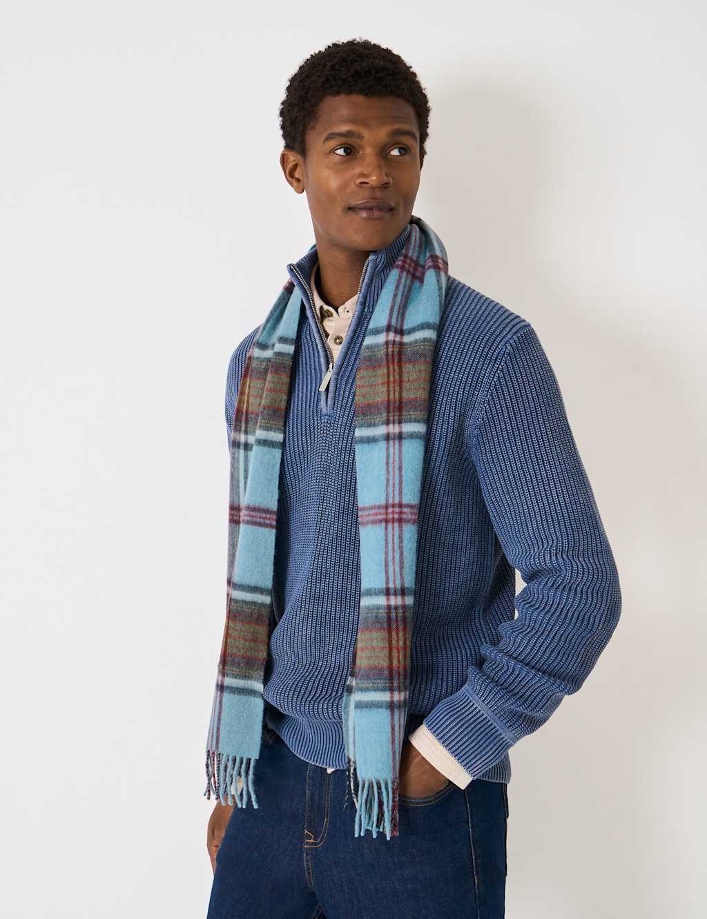 Crew Clothing Men's Pure Wool Checked Scarf - Medium Blue Mix - Available at M&S