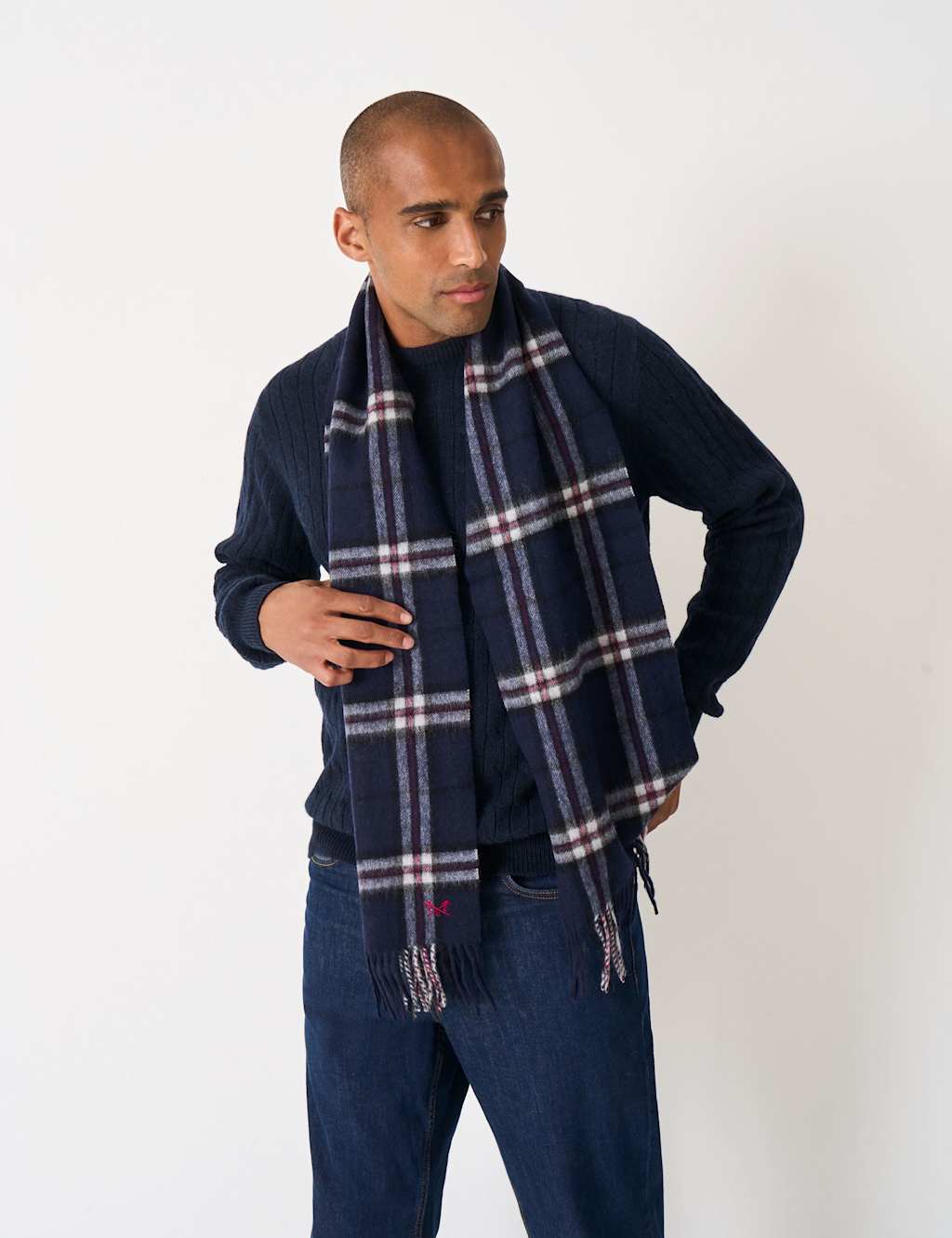 Crew Clothing Men's Pure Wool Checked Scarf - Navy Mix - Available at M&S