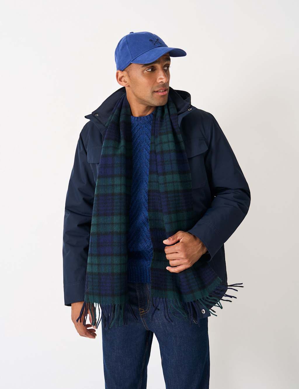 Crew Clothing Men's Pure Wool Checked Scarf - Green Mix - Available at M&S