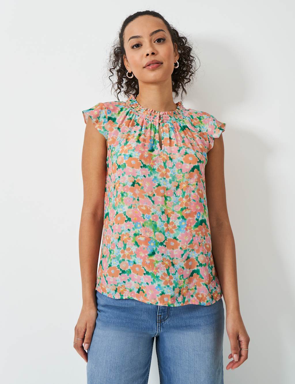 Floral Crew Neck Cap Sleeve Blouse