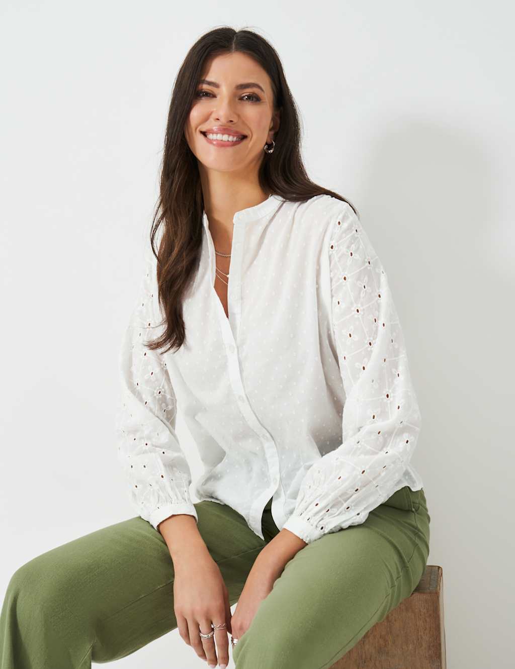 Pure Cotton Broderie Button Through Blouse