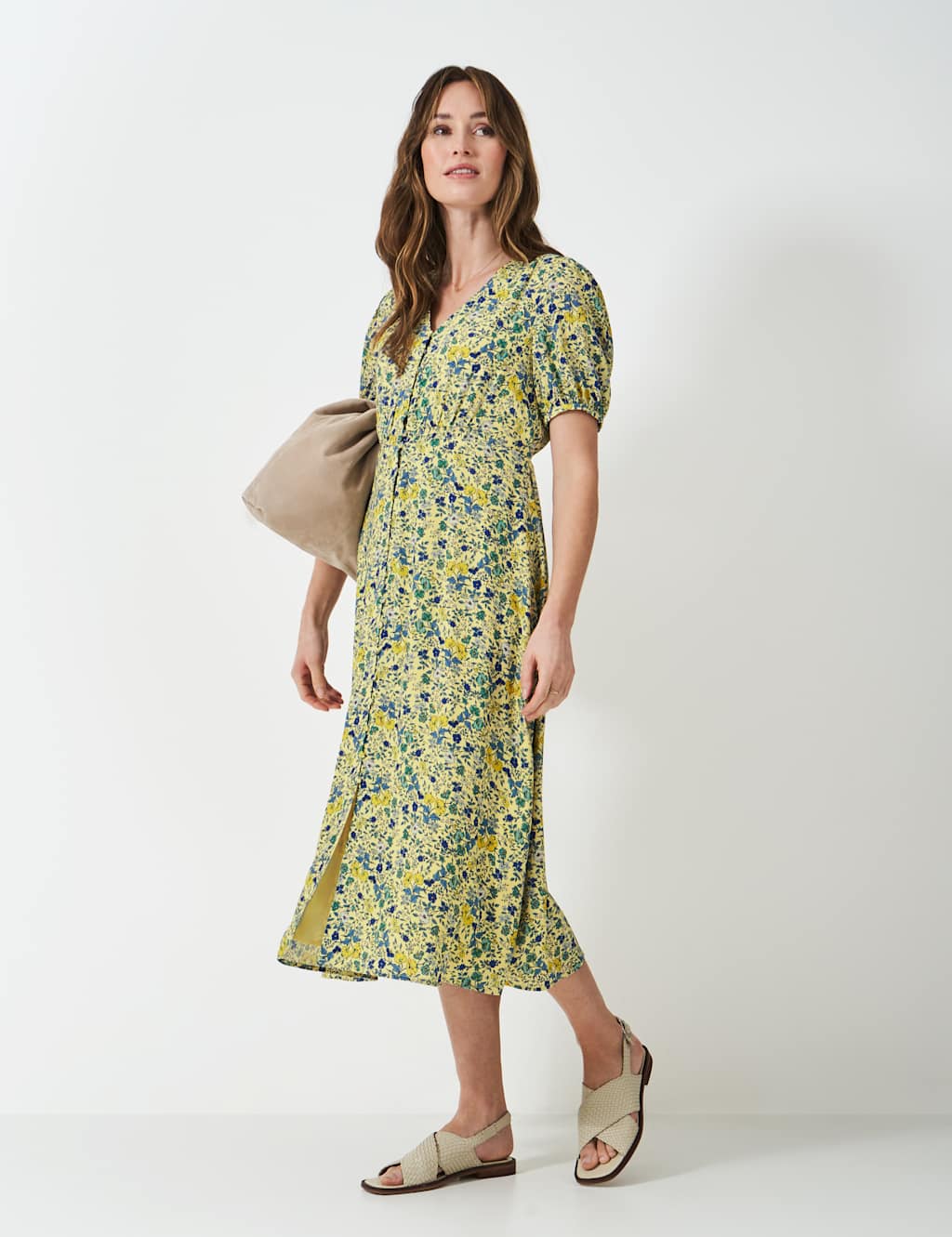 Crew Clothing Floral V-Neck Maxi Tea Dress Yellow Mix
