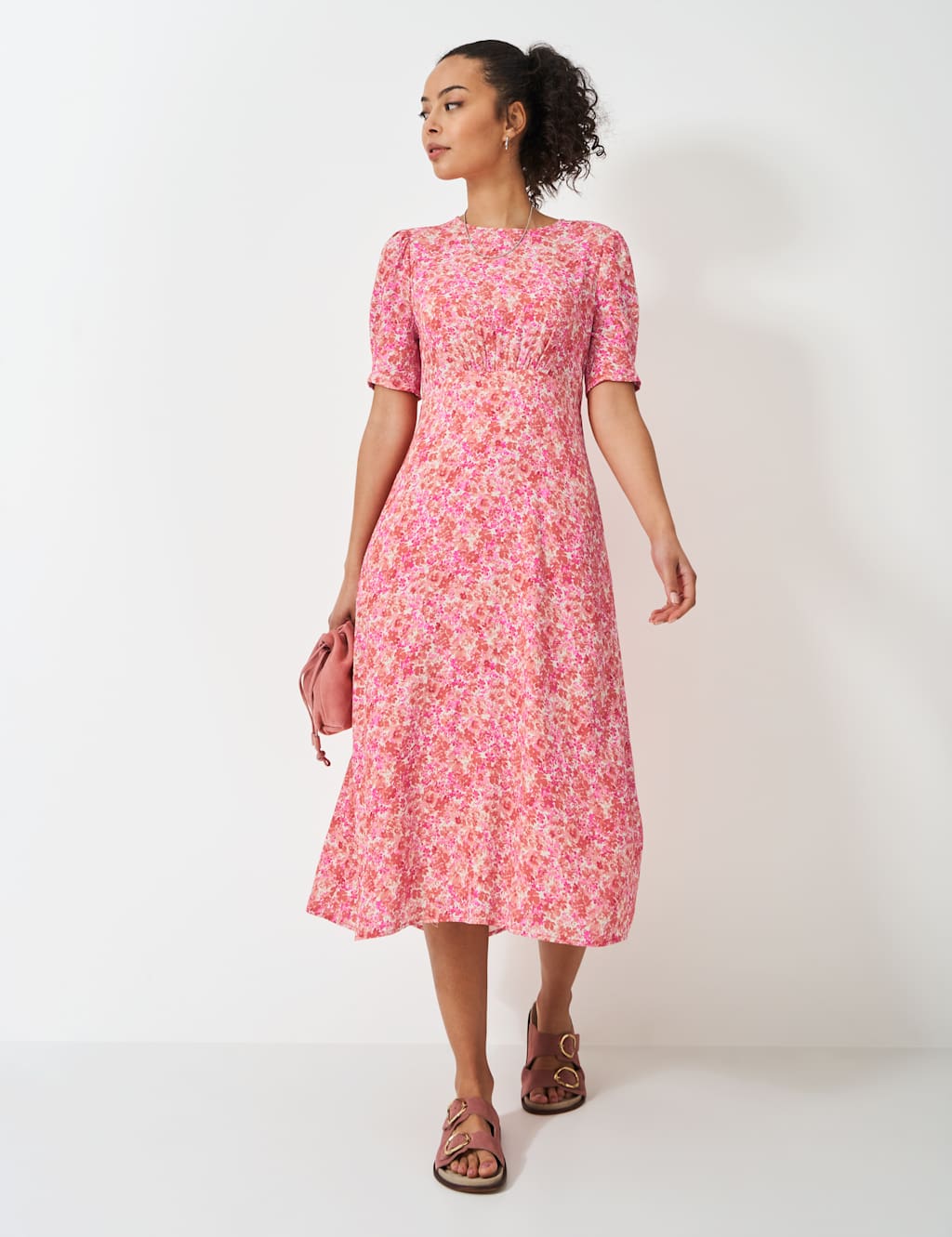 Crew Clothing Floral Midi Tea Dress Pink Mix