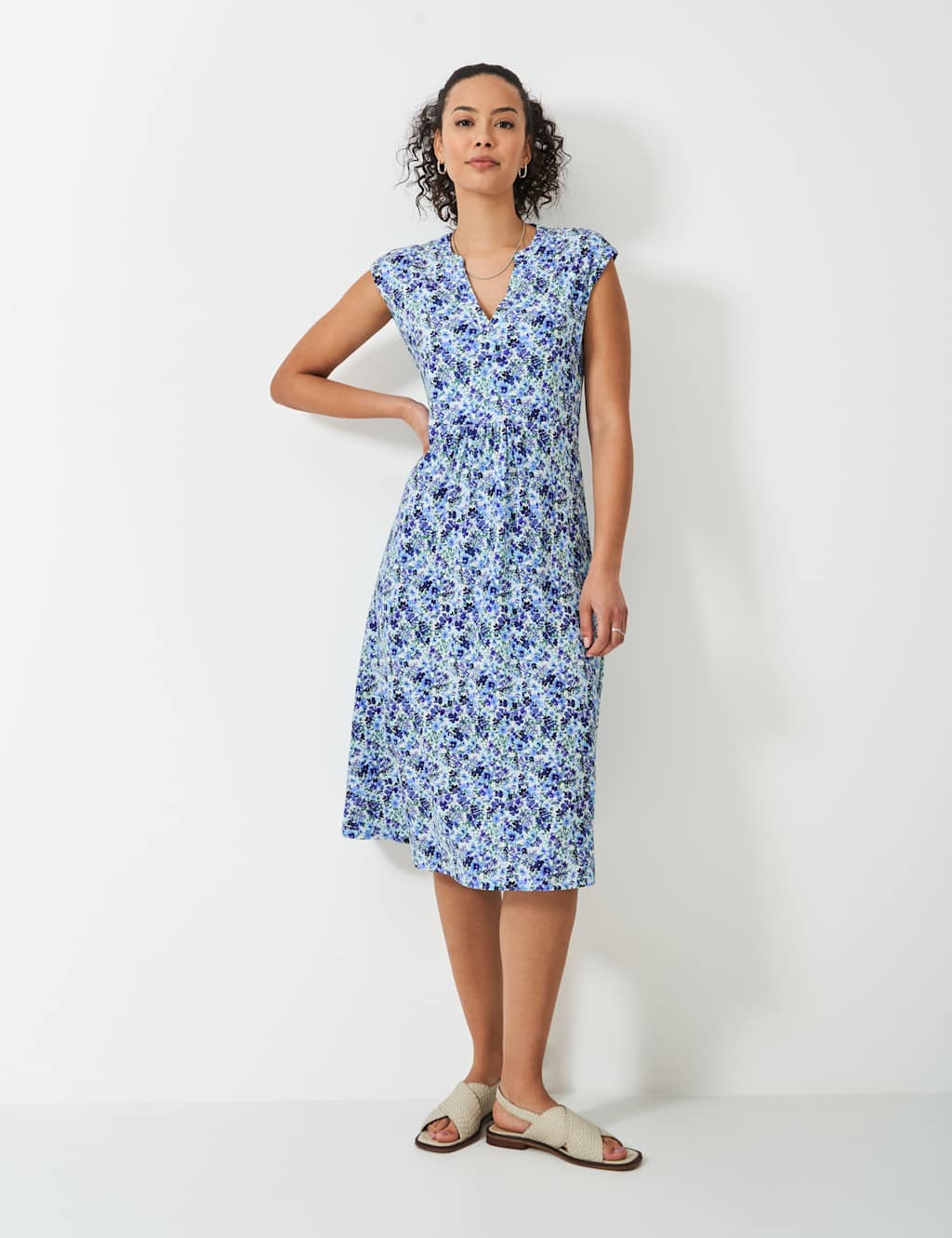 Crew Clothing Jersey Floral V-Neck Midi Tea Dress Blue Mix