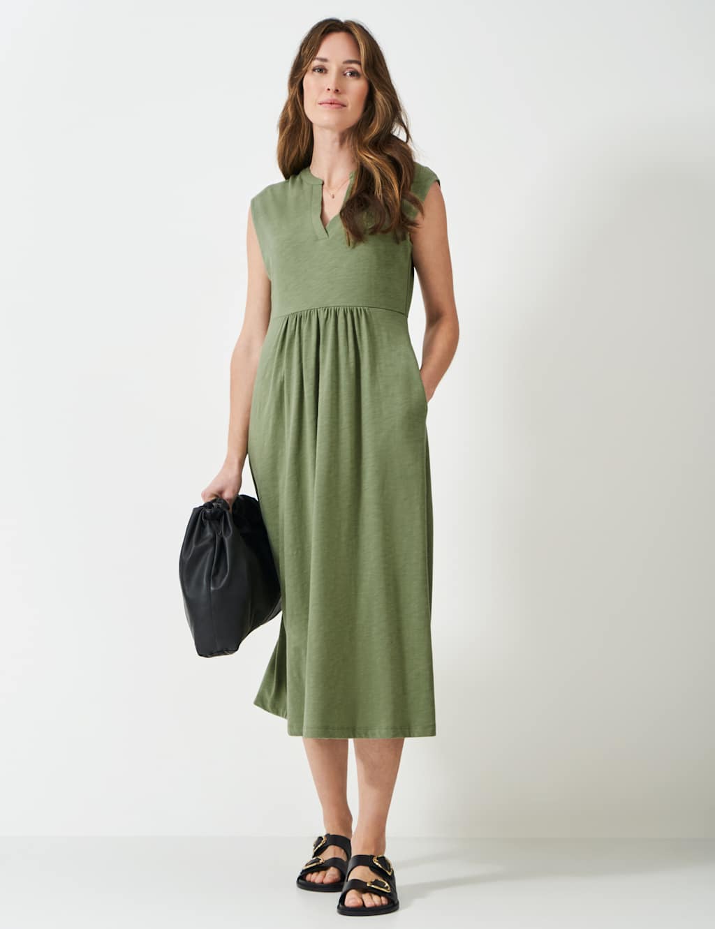 Crew Clothing Jersey V-Neck Midi Waisted Dress Khaki