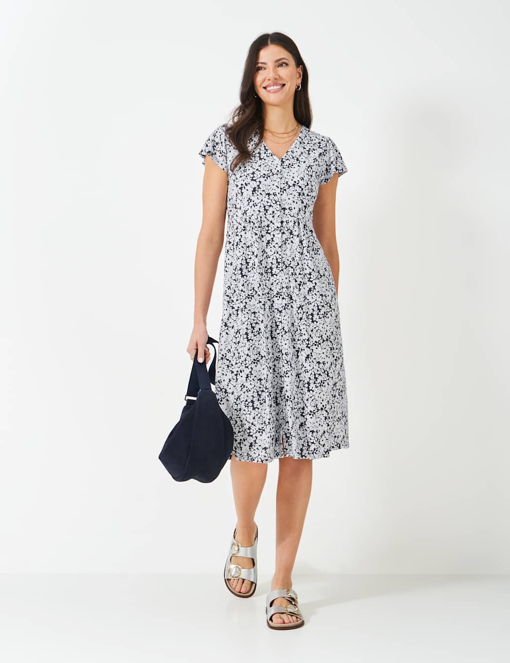 Jersey Floral V-Neck Midi Tea Dress