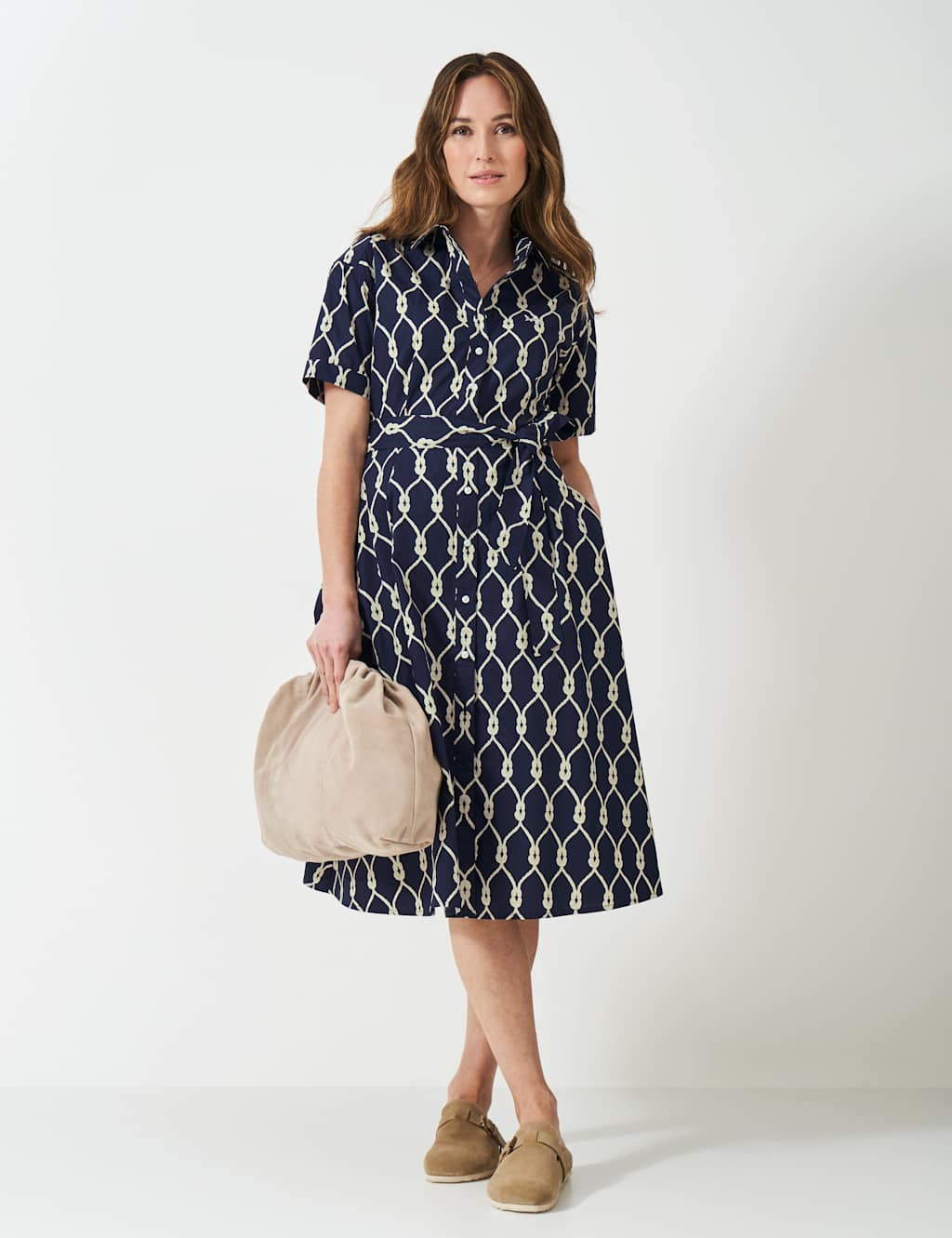 Pure Cotton Rope Print Belted Midi Shirt Dress