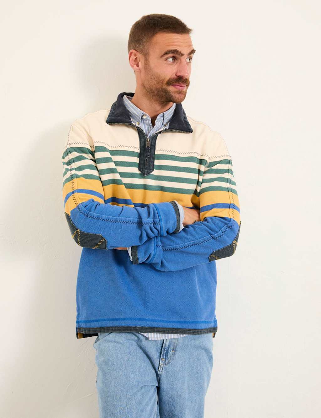 Fatface Men's Pure Cotton Striped Half Zip Sweatshirt - L - Blue Mix - Available at M&S