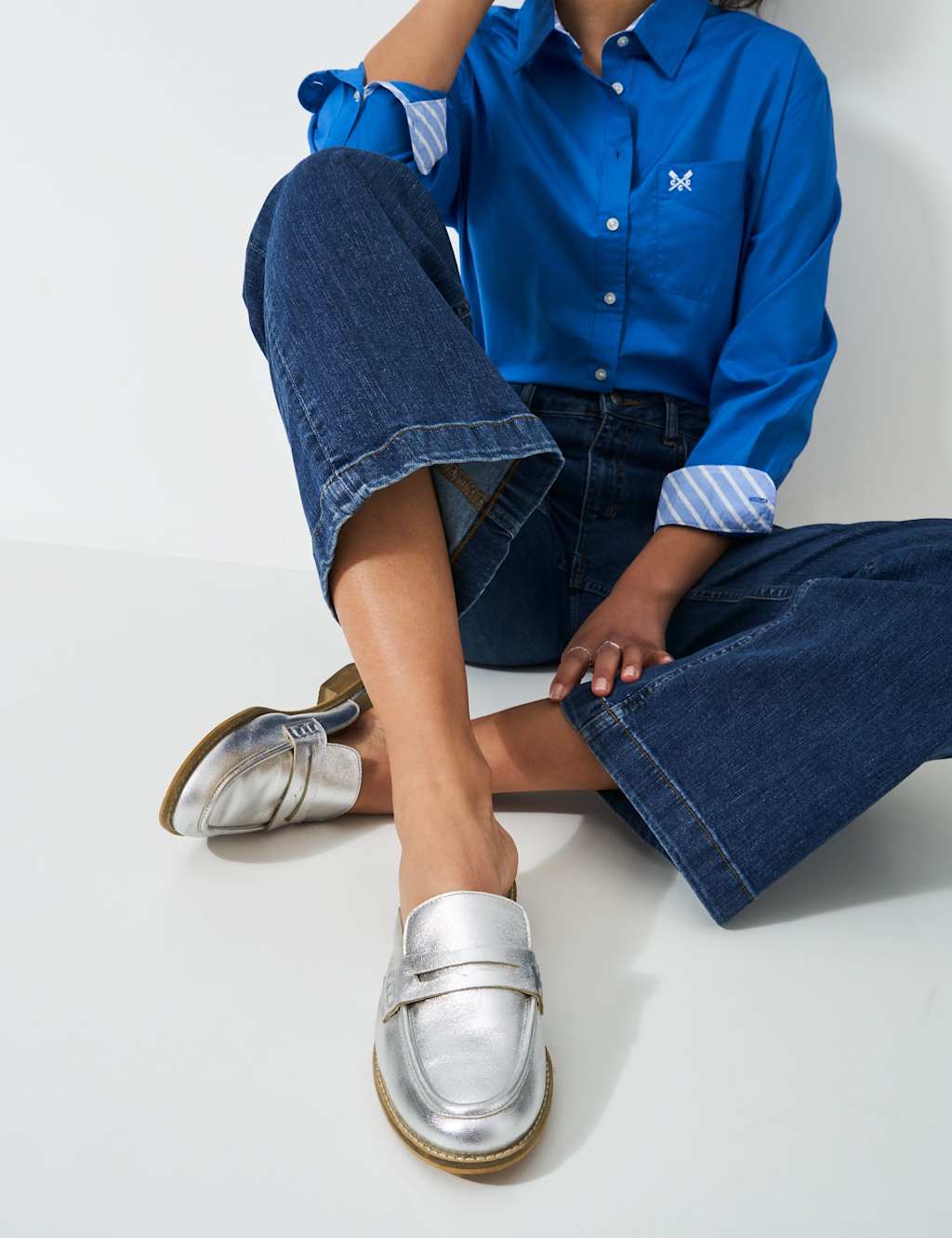 Leather Metallic Backless Block Heel Loafers