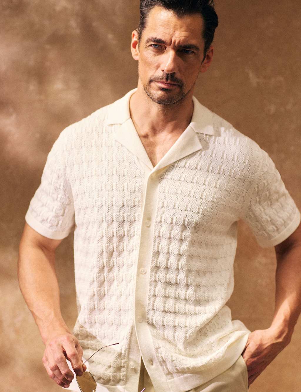 David Gandy Wellwear Men's Cotton Rich Textured Knitted Shirt with Silk - XL - White - Available at M&S