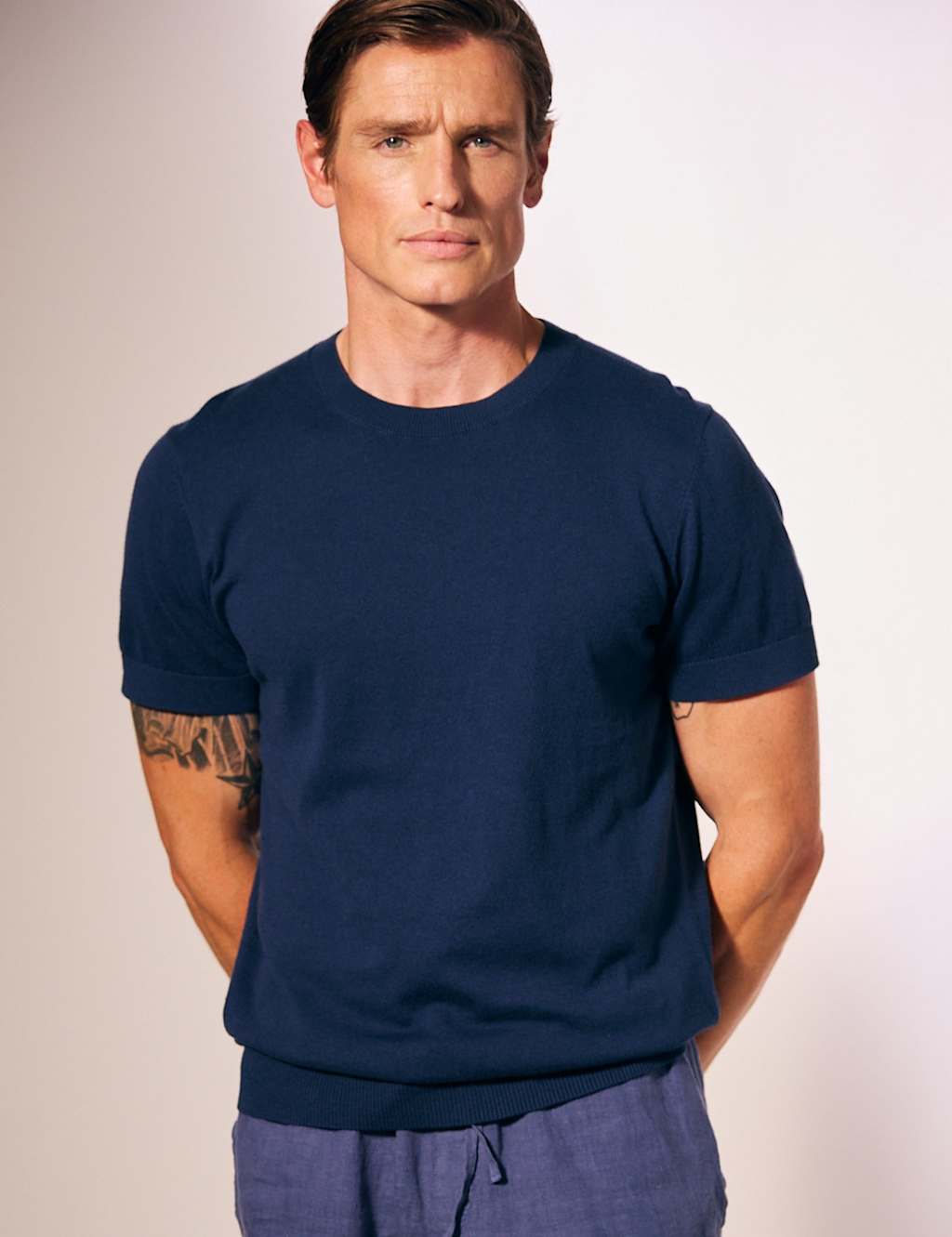 David Gandy Wellwear Men's Cotton Rich Crew Neck Knitted Tee with Silk - M - Navy - Available at M&S