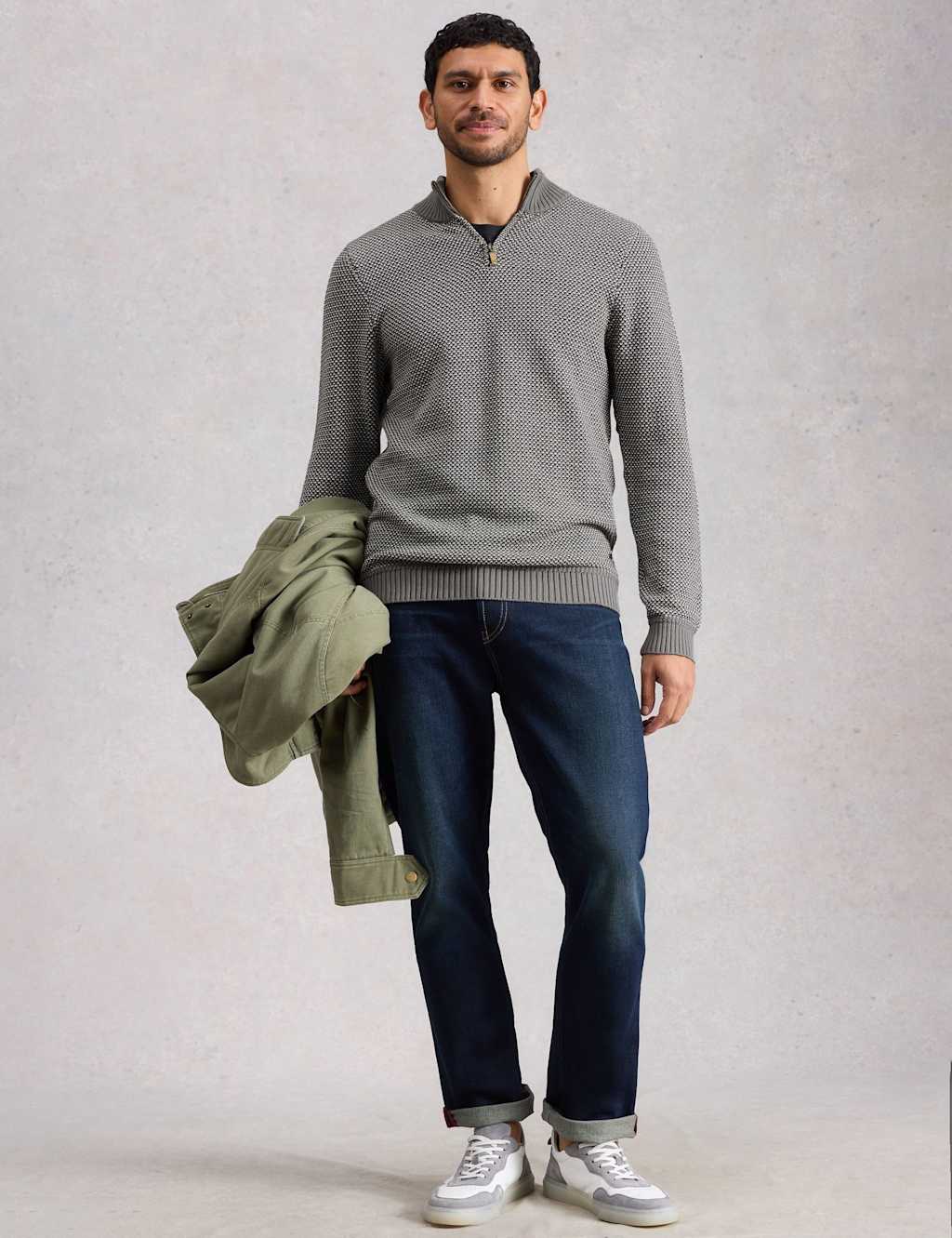 White Stuff Men's Pure Cotton Funnel Neck Half Zip Jumper - M - Grey Mix - Available at M&S