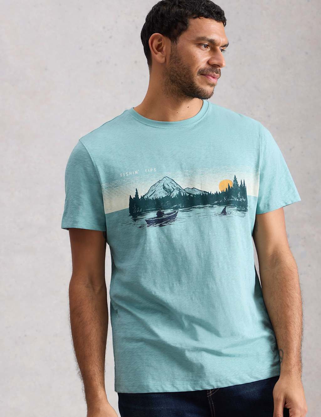 White Stuff Men's Pure Cotton Fishing Graphic T-Shirt - M - Blue Mix - Available at M&S