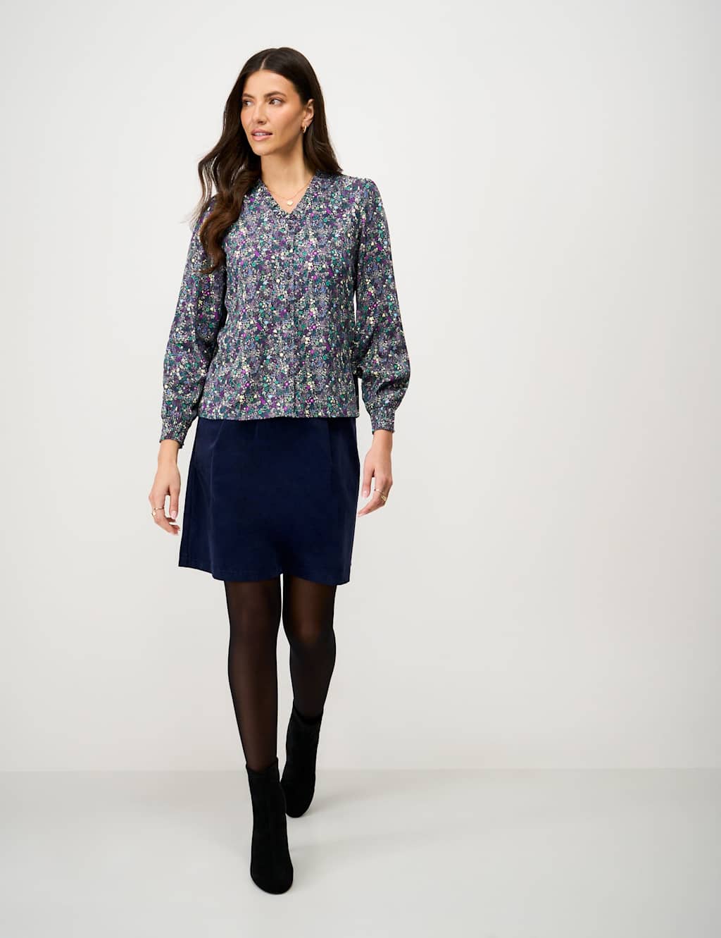 Crew Clothing Women's Floral V-Neck Frill Button Through Blouse - 8 - Indigo Mix - Available at M&S