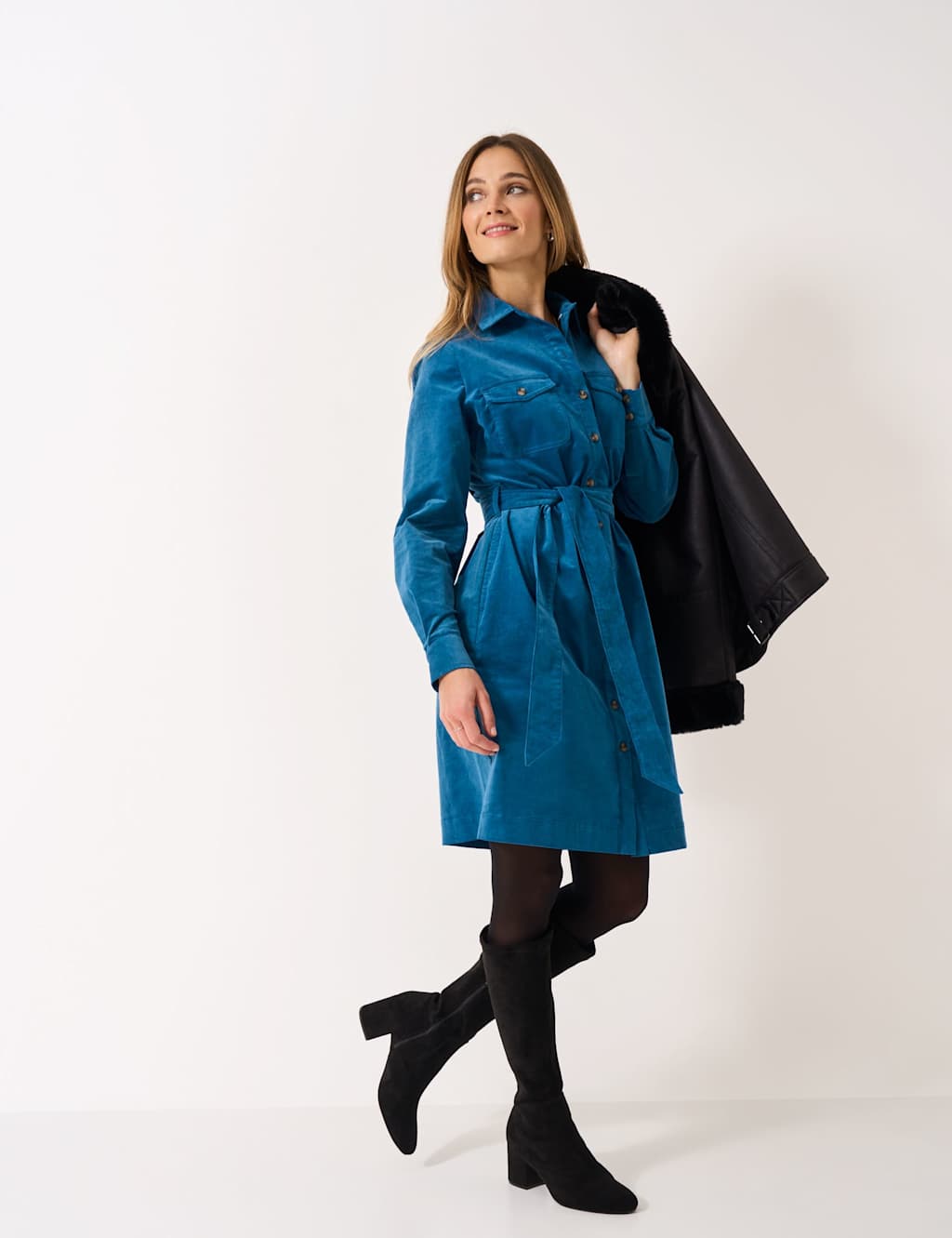 Crew Clothing Women's Cotton Rich Cord Belted Mini Shirt Dress - 14 - Blue - Available at M&S