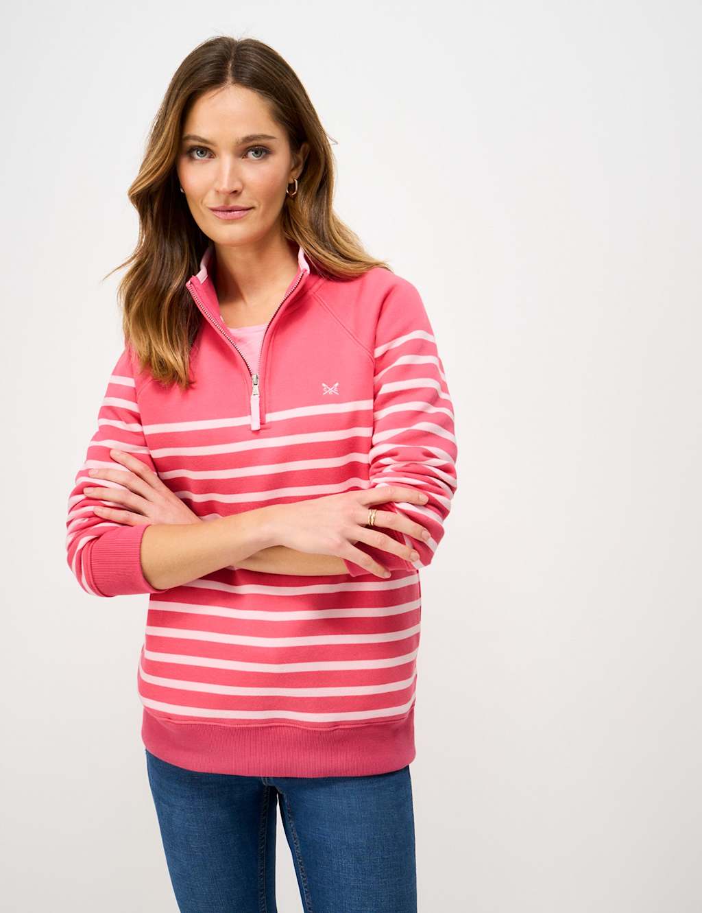 Crew Clothing Women's Cotton Rich Striped Half Zip Sweatshirt - 16 - Light Pink Mix - Available at M&S