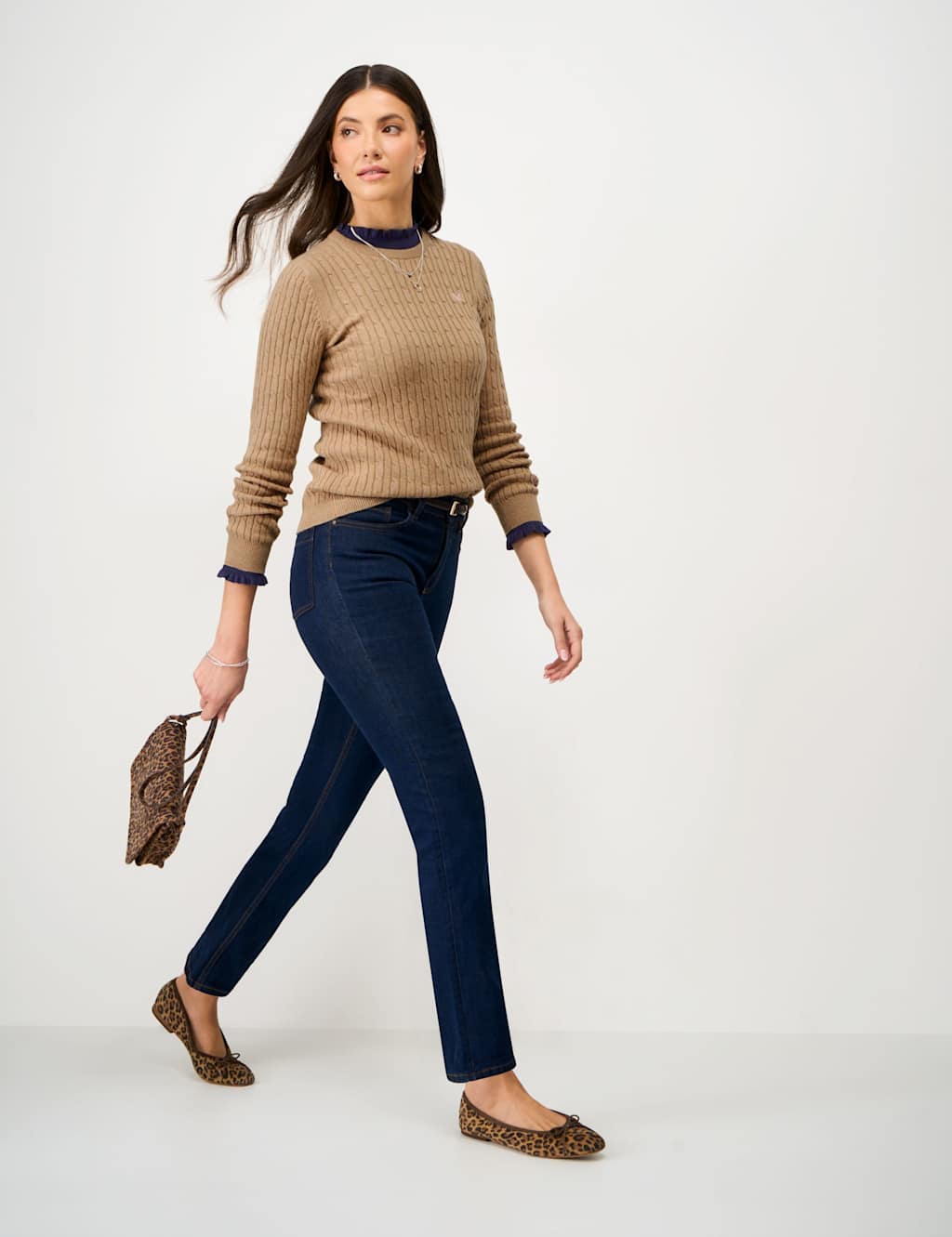 Crew Clothing Women's Cotton Rich Cable Knit Crew Neck Jumper - 14 - Tan - Available at M&S