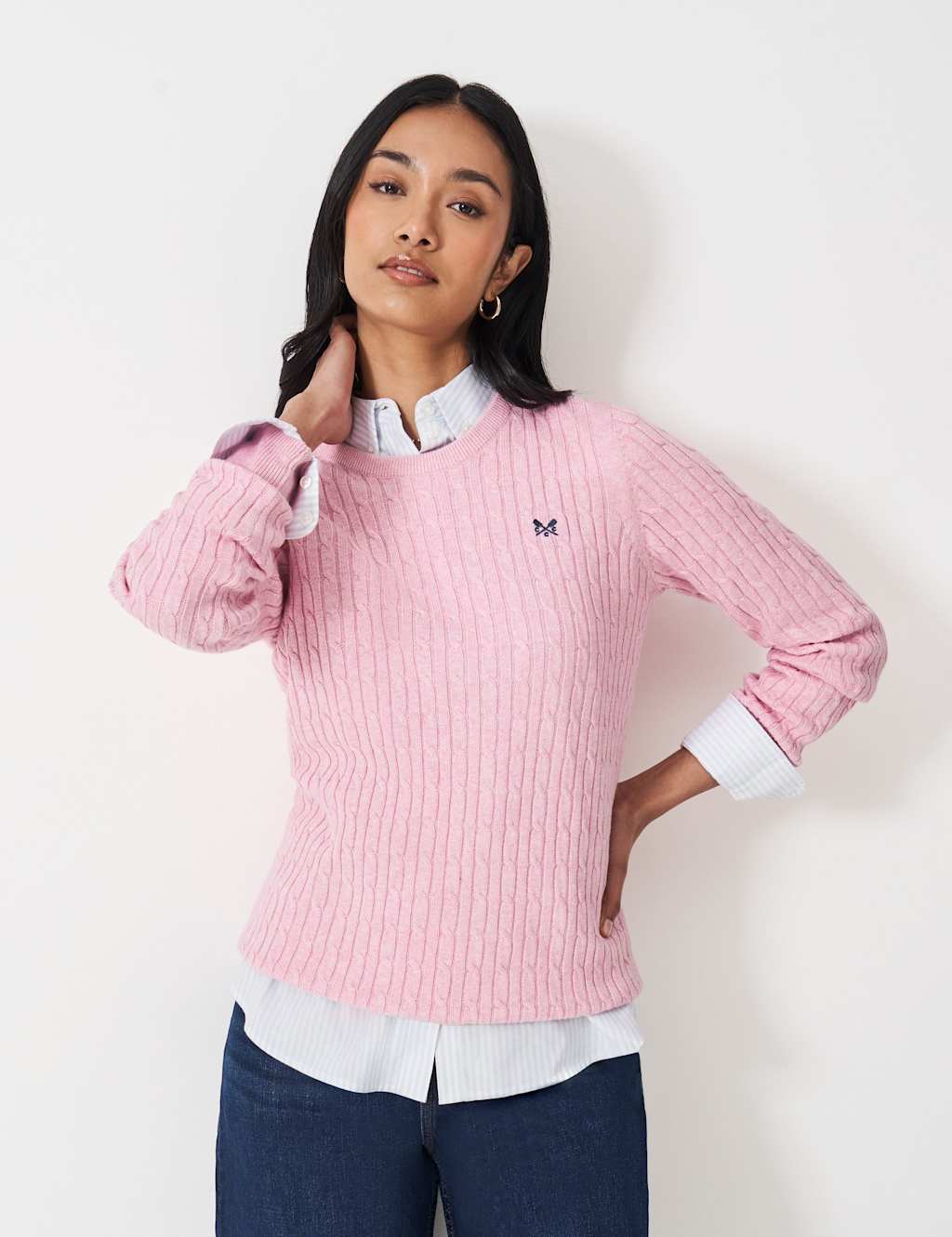 Crew Clothing Cotton Rich Cable Knit Jumper Light Pink