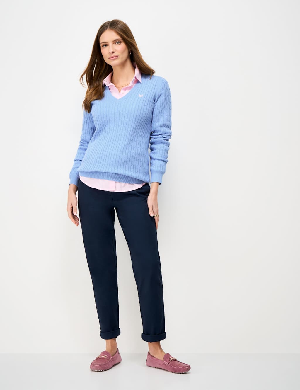 Crew Clothing Women's Cotton Rich Cable Knit V-Neck Jumper - 18 - Mid Blue - Available at M&S