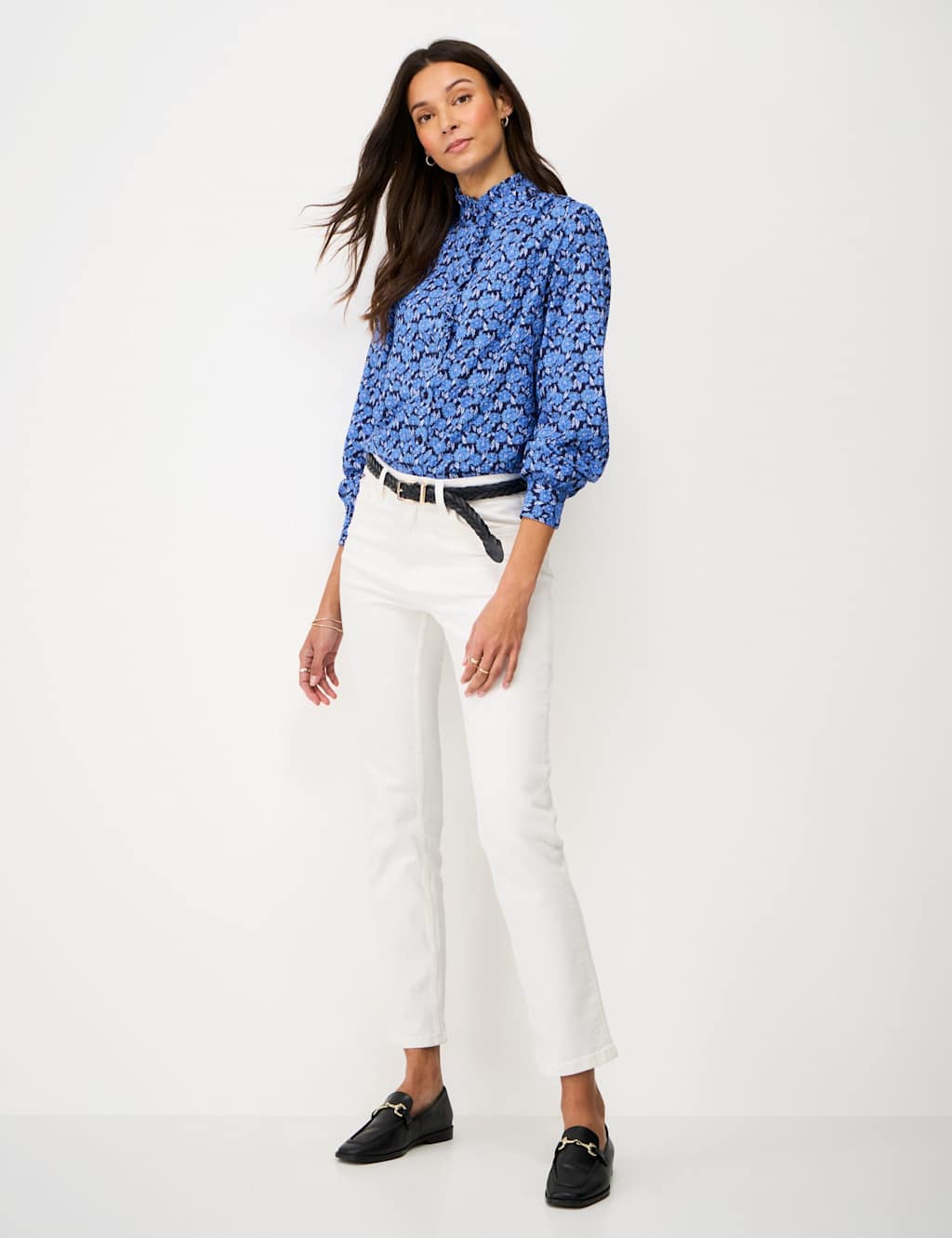 Crew Clothing Women's Floral Frill Detail Blouse with Cotton - 18 - Dark Blue - Available at M&S