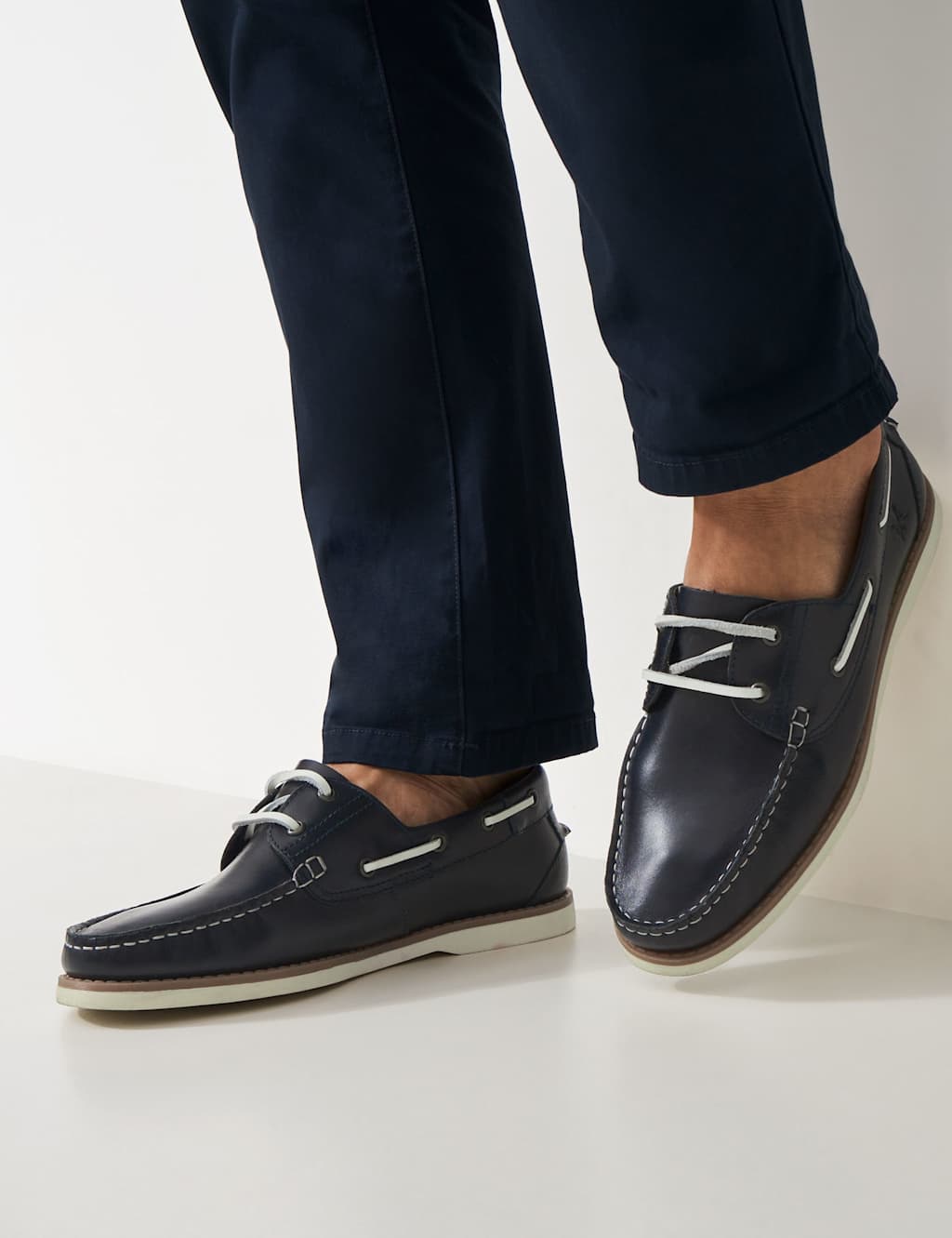 Crew Clothing Leather Pull On Lace Up Deck Shoes Navy