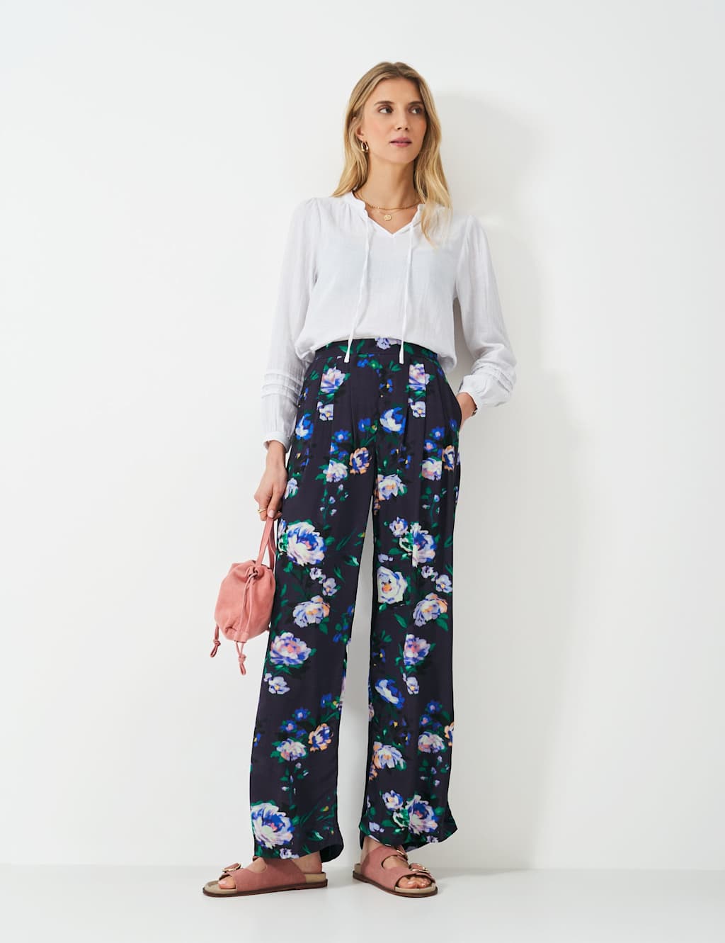 Crew Clothing Floral Wide Leg Trousers Blue Mix