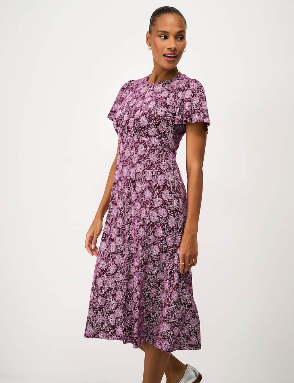 Crew Clothing Women's Jersey Floral Midi Waisted Dress - 8 - Burgundy Mix - Available at M&S