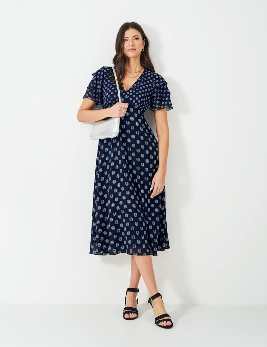 Crew Clothing Women's Polka Dot Flutter Sleeve Midi Tea Dress - 12 - Navy - Available at M&S
