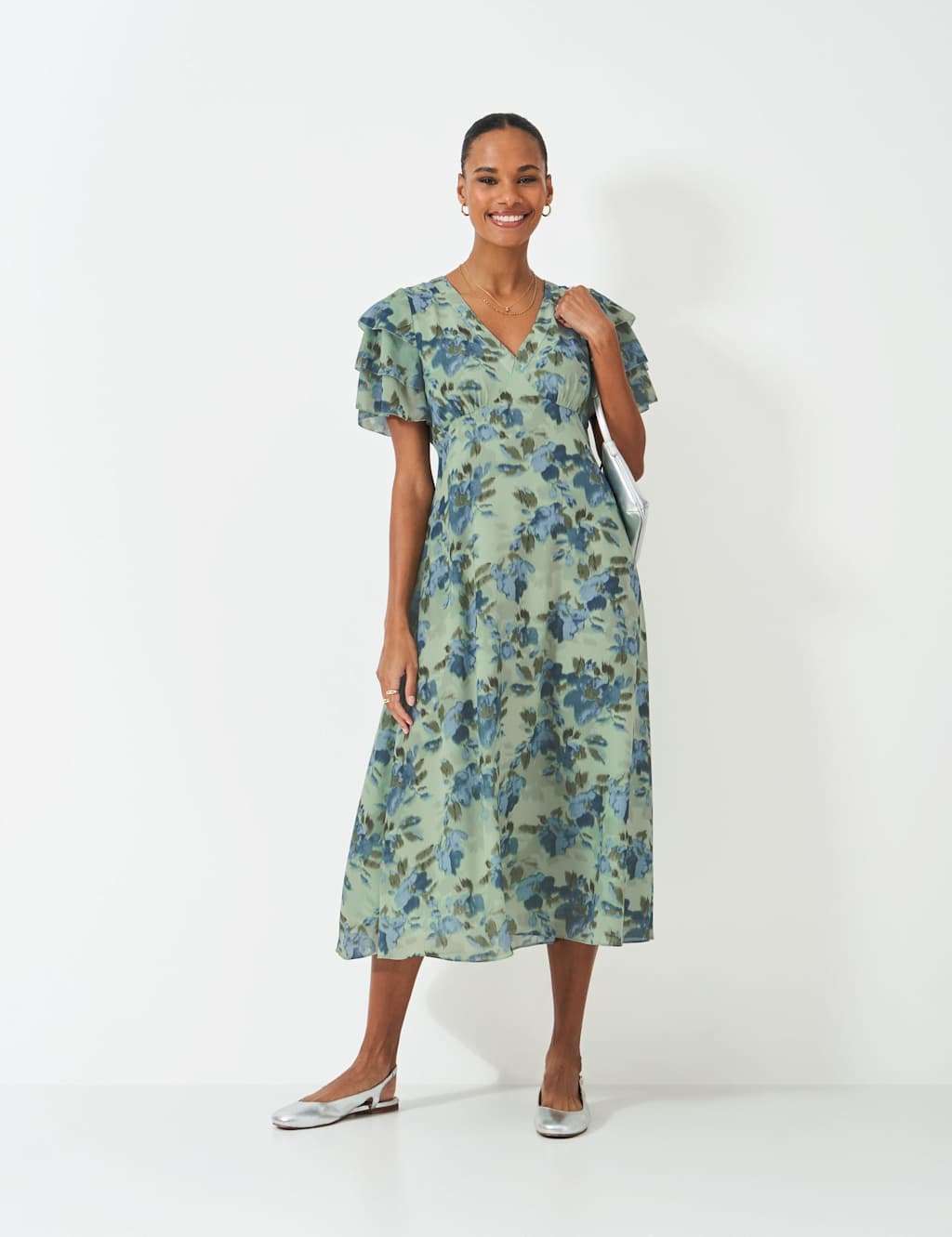Crew Clothing Women's Floral Flutter Sleeve Midi Tea Dress - 10 - Medium Green - Available at M&S