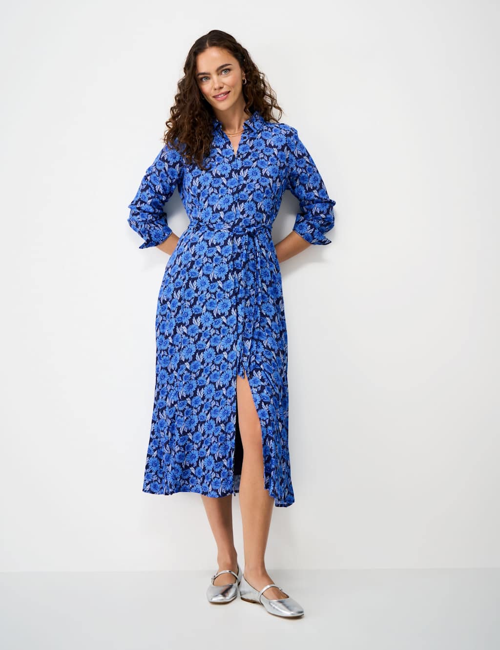Crew Clothing Women's Floral Button Through Midi Shirt Dress - 8 - Blue Mix - Available at M&S