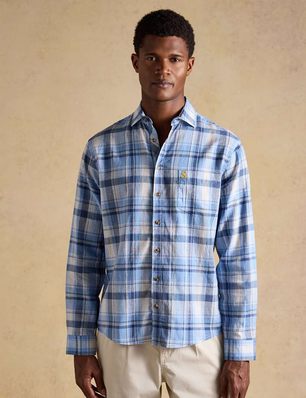 Joules Men's Regular Fit Cotton Linen Blend Checked Shirt - L - Blue Mix - Available at M&S