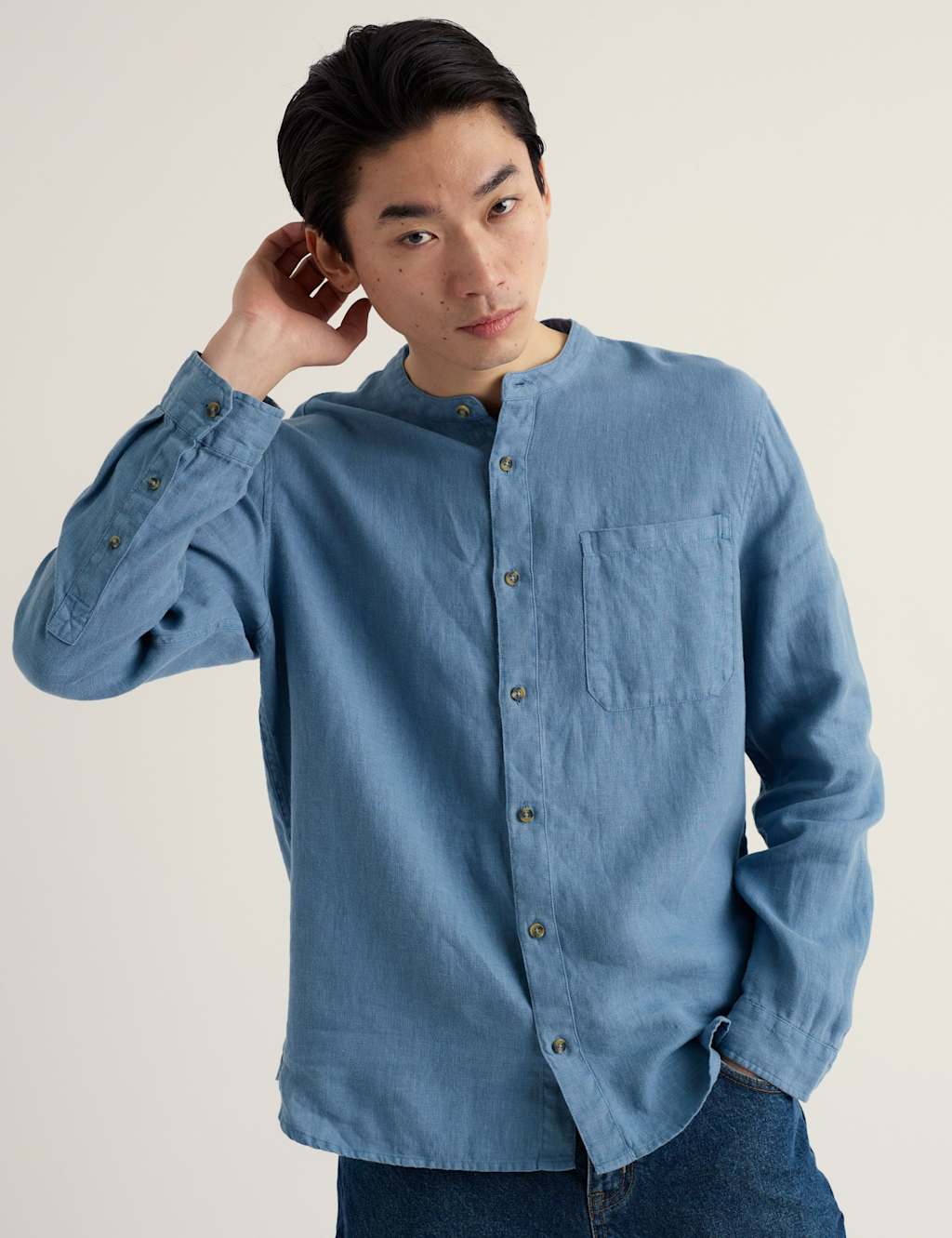 Seasalt Cornwall Men's Pure Linen Grandad Collar Shirt - L - Blue - Available at M&S