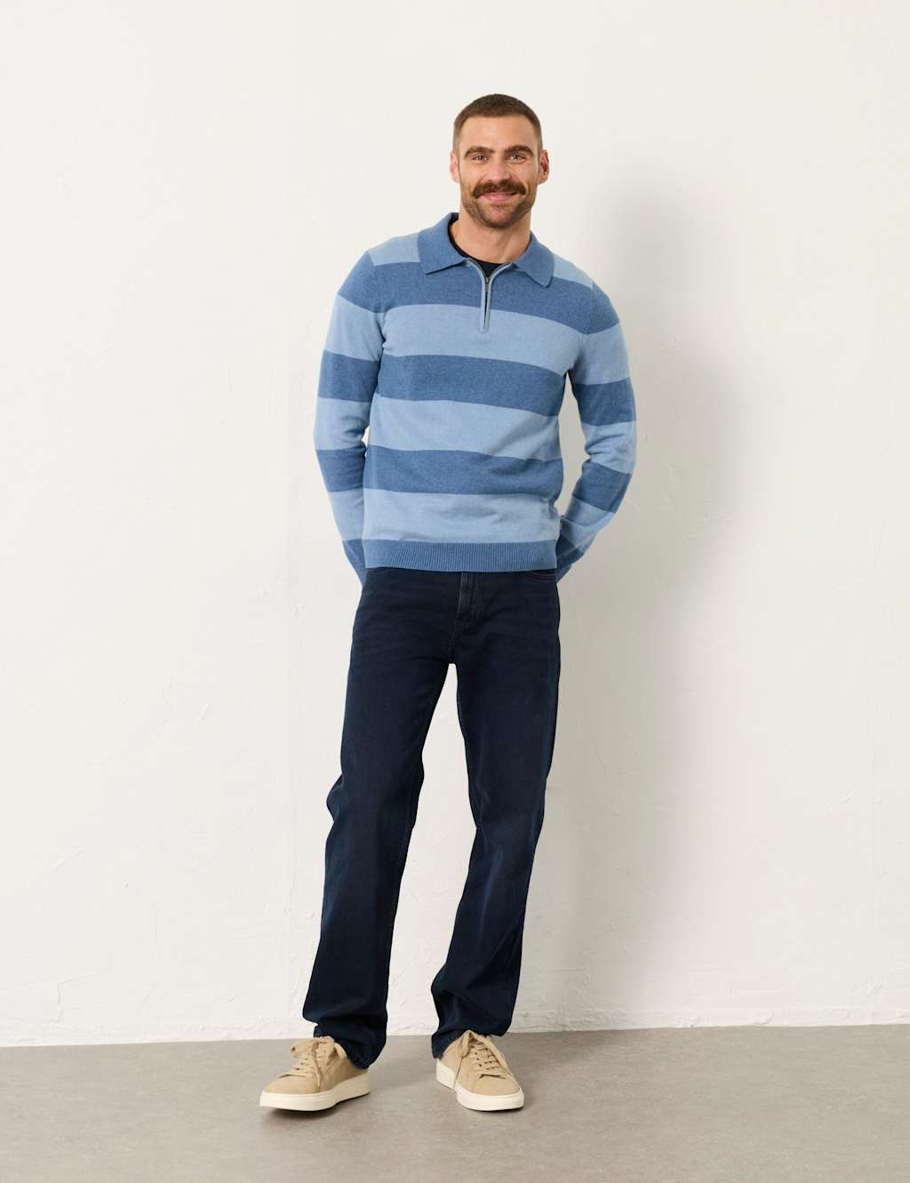 Fatface Men's Cotton Rich Tonal Striped Polo Jumper - L - Blue Mix - Available at M&S