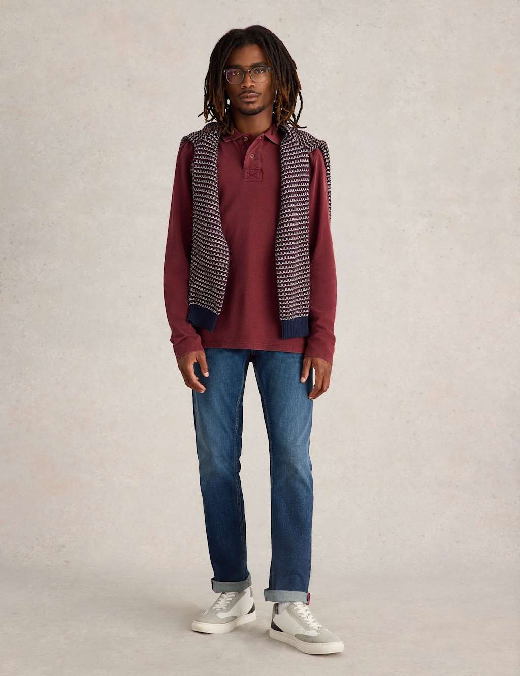 White Stuff Pure Cotton Pique Long Sleeve Polo Shirt Dark Purple