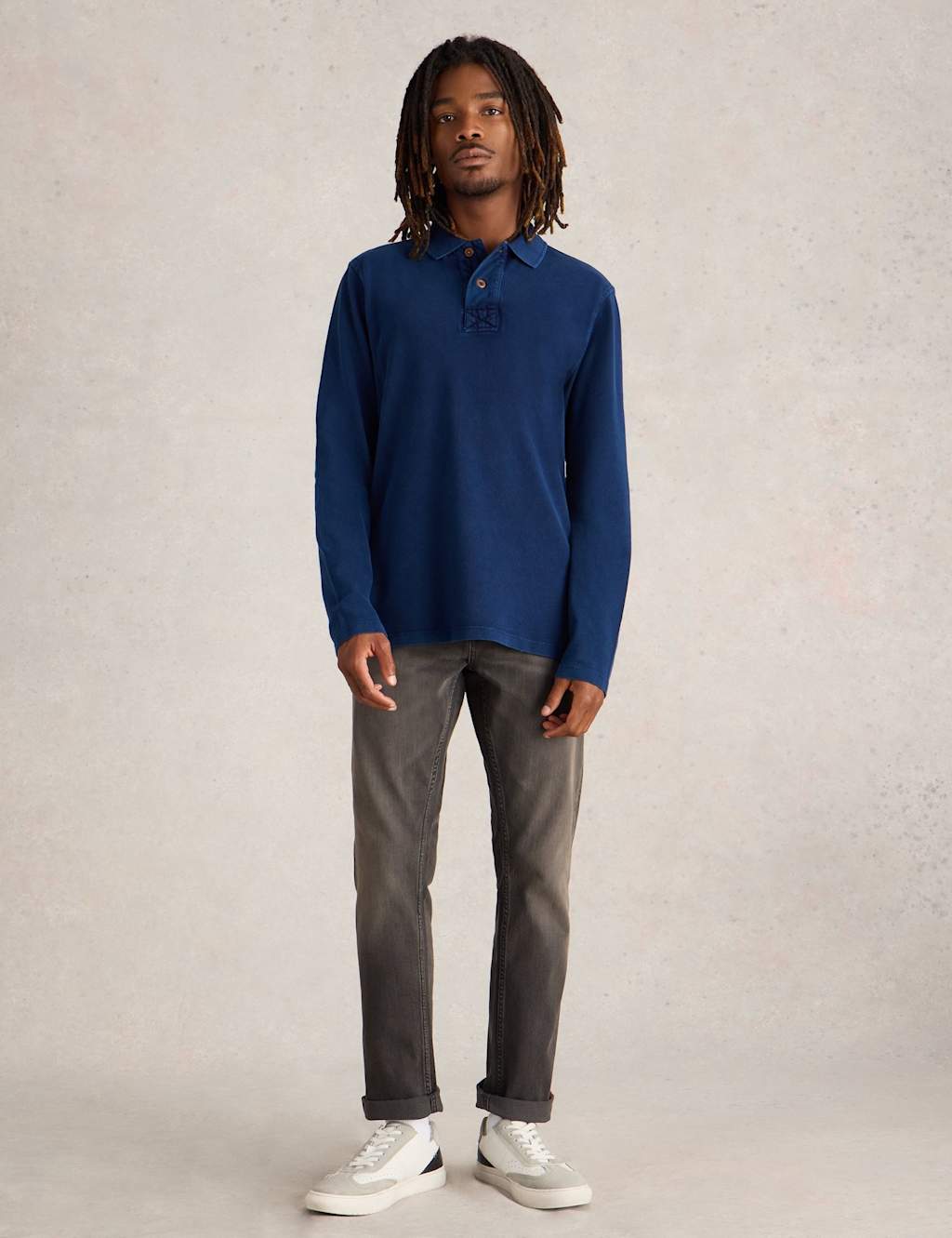 White Stuff Pure Cotton Pique Long Sleeve Polo Shirt Blue