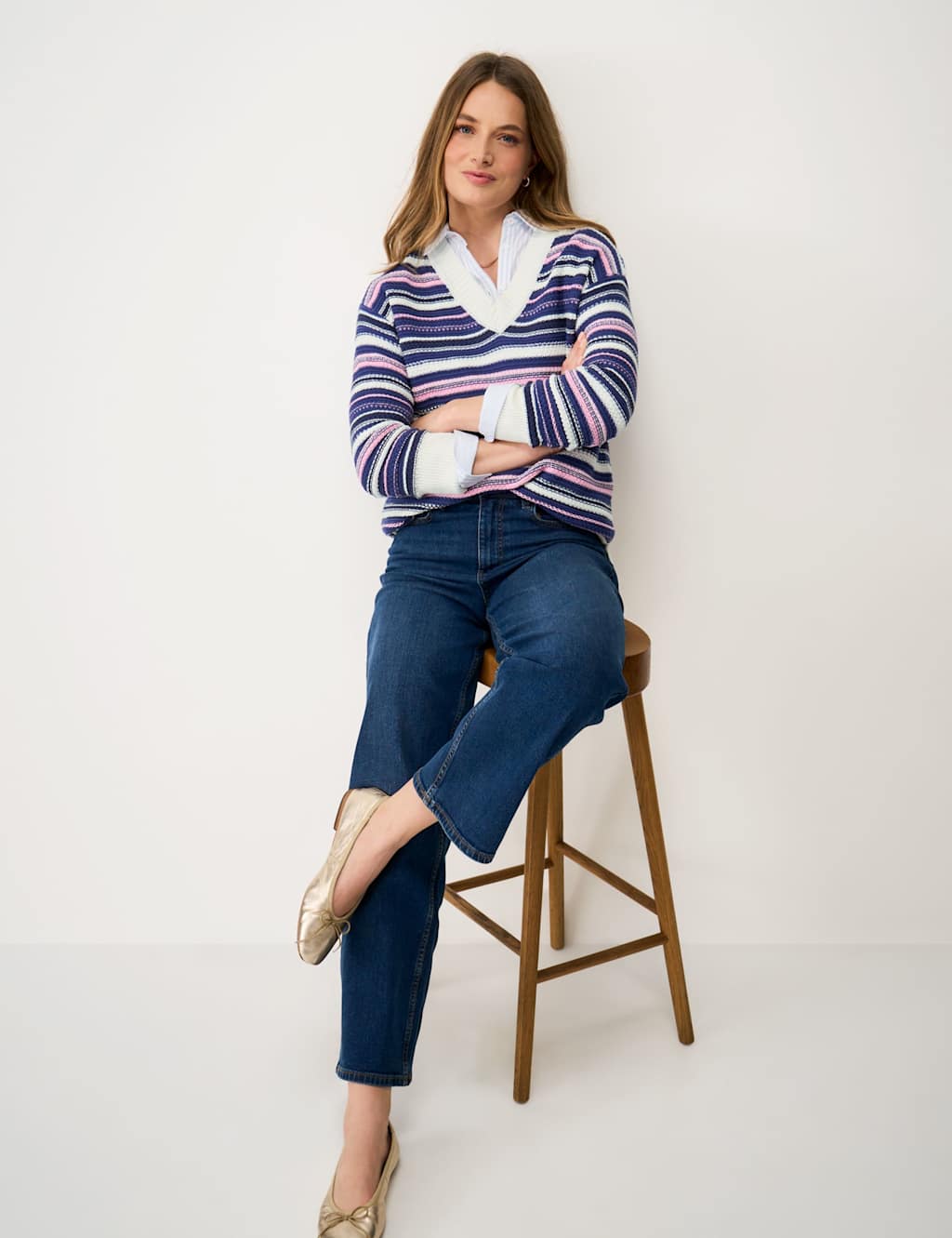 Crew Clothing Women's Pure Cotton Textured Striped V-Neck Jumper - 14 - Multi - Available at M&S