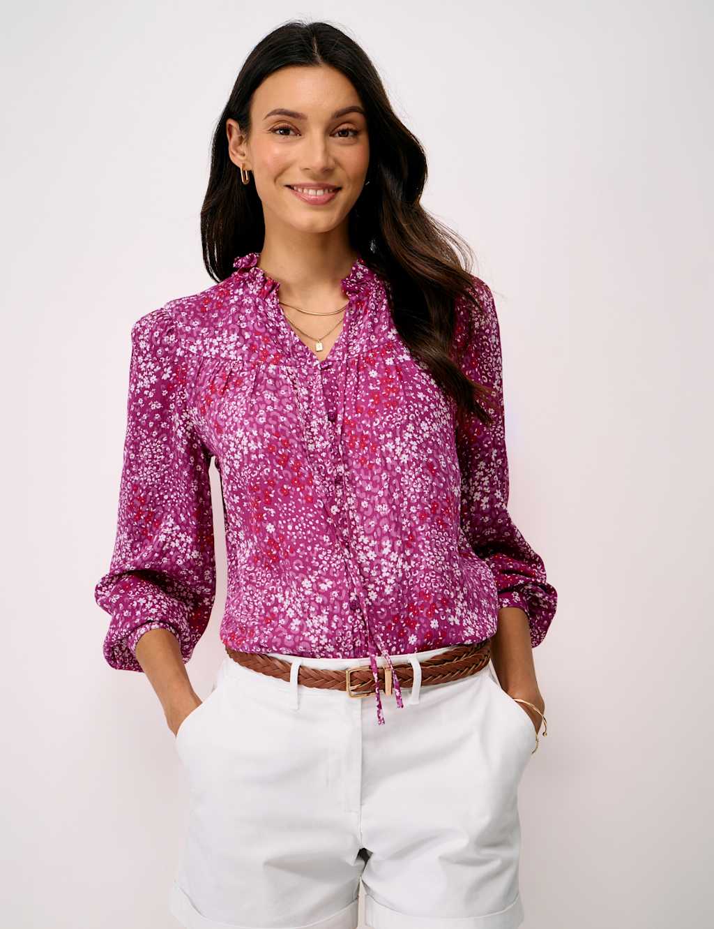 Crew Clothing Women's Ditsy Floral Tie Neck Button Through Blouse - 8 - Pink Mix - Available at M&S