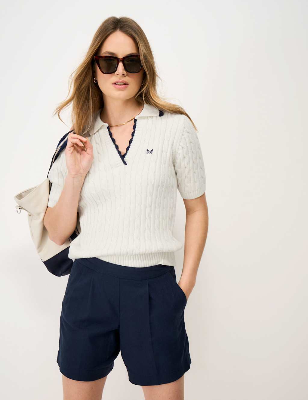 Crew Clothing Women's Pure Cotton Cable Collared Knitted Top - 16 - White - Available at M&S