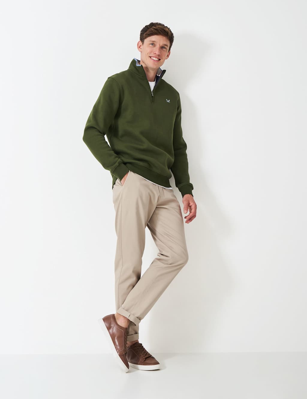 Crew Clothing Cotton Rich Half Zip Sweatshirt Olive