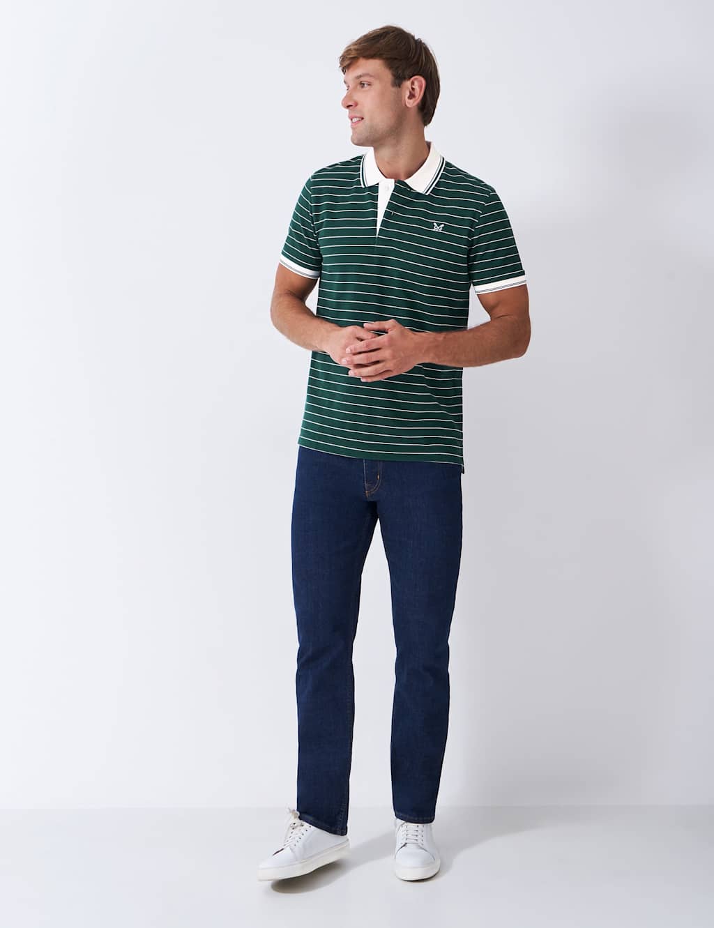 Crew Clothing Pure Cotton Tipped Striped Polo Shirt Green Mix