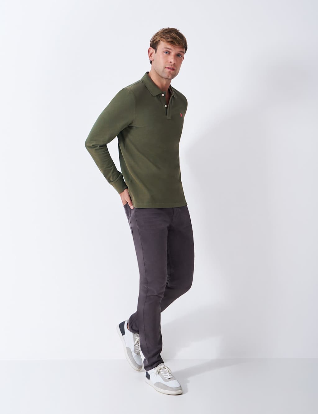 Crew Clothing Cotton Rich Pique Long Sleeve Polo Shirt Olive