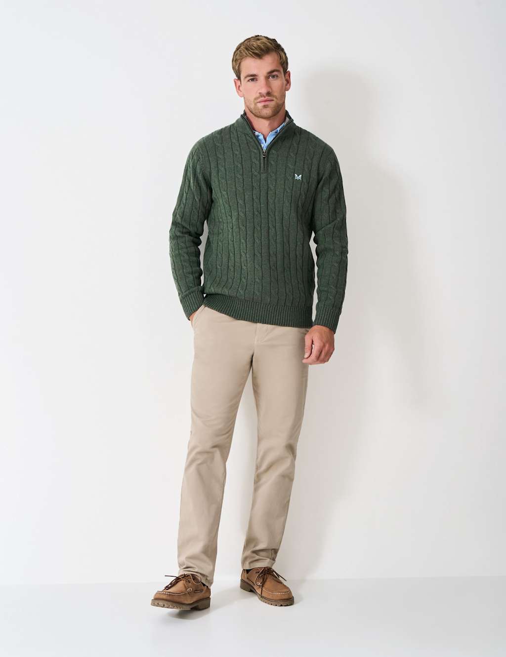 Crew Clothing Pure Cotton Cable Half Zip Jumper Dark Green